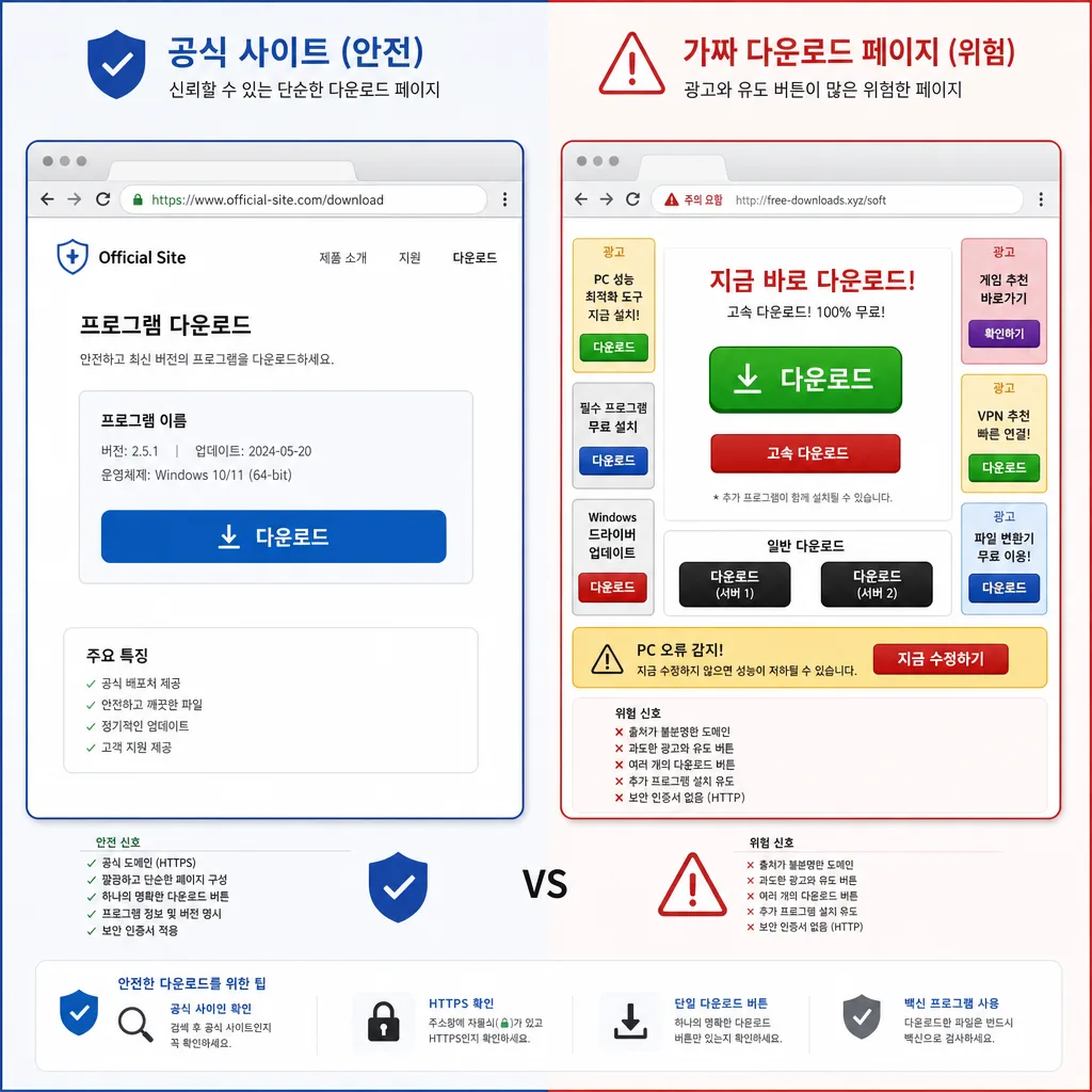 공식 다운로드 페이지와 가짜 다운로드 버튼 구별 방법